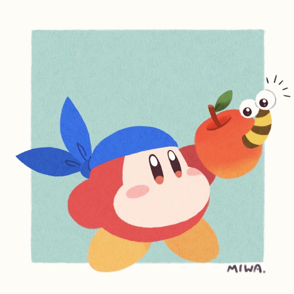 apple arm_up artist_name bandana bandana_waddle_dee black_eyes blue_background blue_headwear blush blush_stickers border capiller_(kirby) eye_contact flat_color food fruit holding holding_food holding_fruit kirby_(series) looking_at_another miwa_(ahyuck) nintendo no_humans no_mouth notice_lines orange_eyes outside_border signature simple_background solid_oval_eyes waddle_dee white_border worm