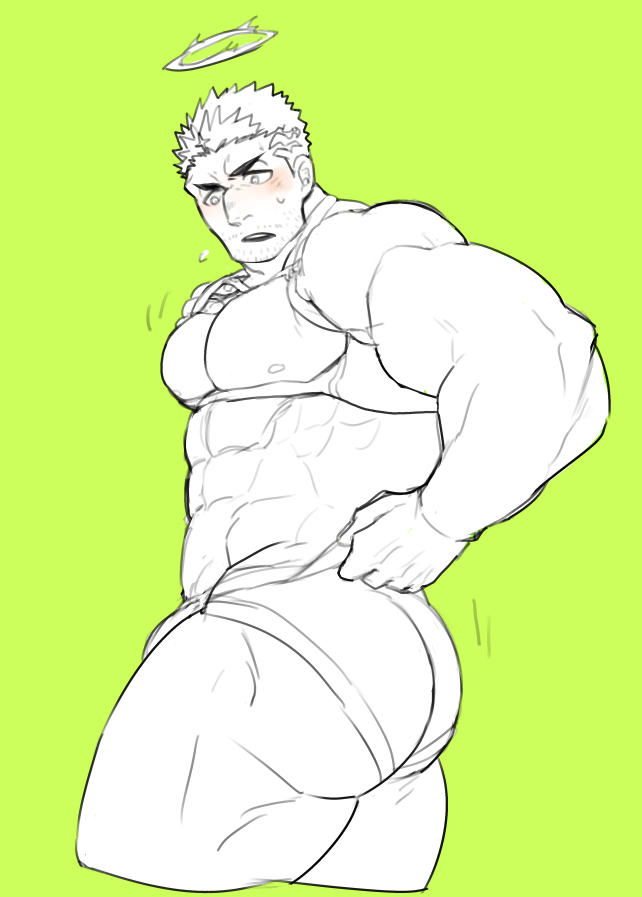 1boy abs bad_id bad_pixiv_id bara bare_pectorals blush clothes_pull cropped_legs facial_hair fire flaming_halo from_side green_theme halo large_pectorals male_focus male_swimwear mature_male monochrome motion_lines muscular muscular_male one-piece_swimsuit_pull pectoral_lift pectorals po_fu short_hair sideburns spot_color stubble sweatdrop swim_briefs thick_thighs thighs tokyo_houkago_summoners underbust zabaniyya_(fashionista_swimsuit)_(housamo) zabaniyya_(housamo)