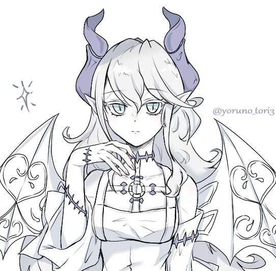 1girl collarbone demon_horns demon_wings dress duel_monster hair_between_eyes horns lady_labrynth_of_the_silver_castle long_hair lovely_labrynth_of_the_silver_castle o-ring pale_skin pointy_ears scar star_(symbol) twitter_username upper_body white_background white_hair wings yoruno_tori3 yu-gi-oh! yu-gi-oh!_master_duel