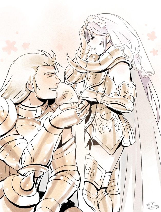 2boys ^_^ aries_muu blonde_hair bridal_veil cape closed_eyes couple eyelashes fake_horns from_side gold_cloth gold_saint grin hand_on_own_head hand_up holding_hands horned_armor horns husband_and_husband knee_spikes kneeling long_hair male_focus mizuhara_aki multiple_boys no_headwear profile purple_hair saint_seiya sheep_horns size_difference smile taurus_aldebaran thick_eyebrows trap unibrow veil white_cape yaoi