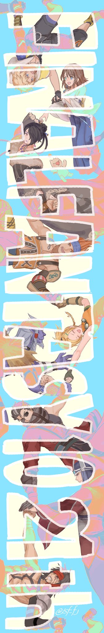 3girls 6+boys armor asymmetrical_armor asymmetrical_bangs auron beads black_dress black_hair black_shorts blonde_hair blue_background blue_eyes blue_headband blue_skirt braid braska breasts brown_hair chest_tattoo closed_eyes commentary_request detached_sleeves dress english_text engrish_text everyone final_fantasy final_fantasy_x fingerless_gloves fist_bump fur_trim gloves goggles goggles_around_neck green_eyes grey_hair grin hair_beads hair_between_eyes hair_bun hair_ornament hair_over_one_eye hair_stick hairclip headband heterochromia high_collar high_five highres holding_hands jecht jewelry kimahri_ronso long_hair long_image looking_at_another looking_at_viewer lulu_(ff10) medium_breasts medium_hair mole mole_under_mouth moogle multicolored_hair multiple_boys multiple_braids multiple_girls muscular muscular_male necklace open_mouth orange_hair orange_shirt parted_bangs ponytail ranguage red_eyes red_headband rikku_(ff10) sasanomesi scar scar_on_face shirt short_hair shorts shoulder_armor sidelocks skirt small_breasts smile streaked_hair stuffed_animal stuffed_toy sunglasses tall_image tank_top tattoo teeth tidus topless_male twin_braids upper_body wakka white_shirt wide_sleeves yuna_(ff10)