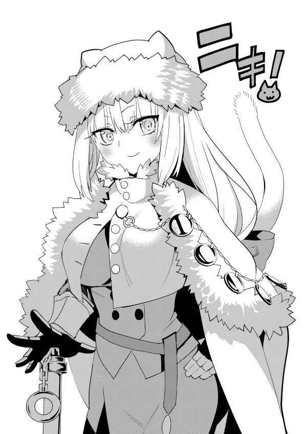 1girl animal_ears blush bow breasts buttons cape capelet cat_ears cat_girl cat_tail crop_top crop_top_overhang dobrynya_nikitich_(fate) dobrynya_nikitich_(first_ascension)_(fate) dress fate/grand_order fate_(series) fur-trimmed_capelet fur-trimmed_headwear fur_trim gauntlets greyscale hair_bow hat large_breasts long_hair long_sleeves looking_at_viewer low_ponytail monochrome ponytail ribbon robina smile solo tail weapon