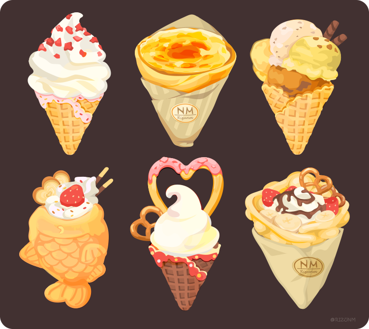 banana banana_slice brown_background chocolate_syrup cinnamon_stick crepe food food_focus food_wrapper fruit ice_cream ice_cream_cone no_humans original pocky pretzel rizu_(rizunm) simple_background sprinkles strawberry twitter_username