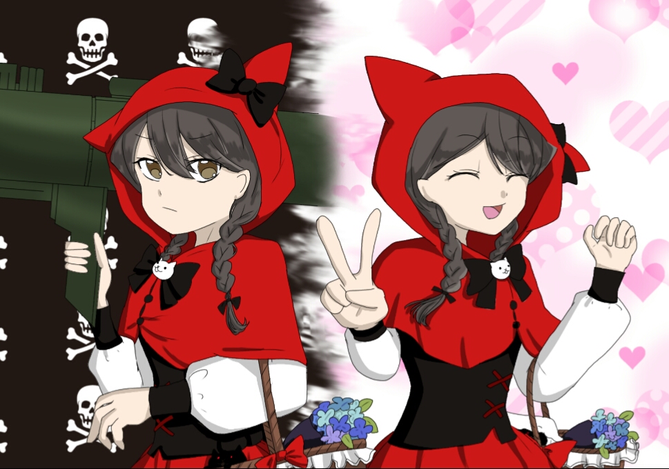 1girl bad_id bad_pixiv_id basket braid brown_eyes cat_(nyanko_daisensou) collared_dress dress flower_box heart m1_bazooka minya_(nyanko_daisensou) nyanko_daisensou pink_background rocket_launcher skull_and_crossbones smile user_ywne7732 weapon