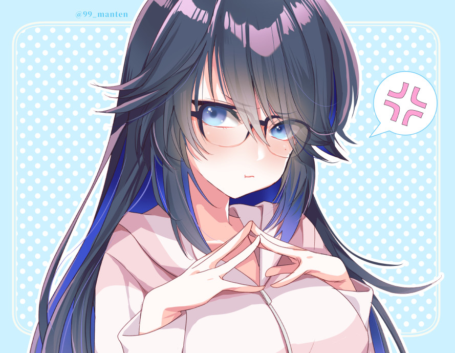 1girl :t anger_vein black_hair blue_eyes blue_hair blush breasts colored_inner_hair frown glasses hood hoodie kson kson_(2nd_costume) large_breasts long_hair looking_at_viewer multicolored_hair n_gyou own_hands_together solo speech_bubble spoken_anger_vein streaked_hair virtual_youtuber vshojo