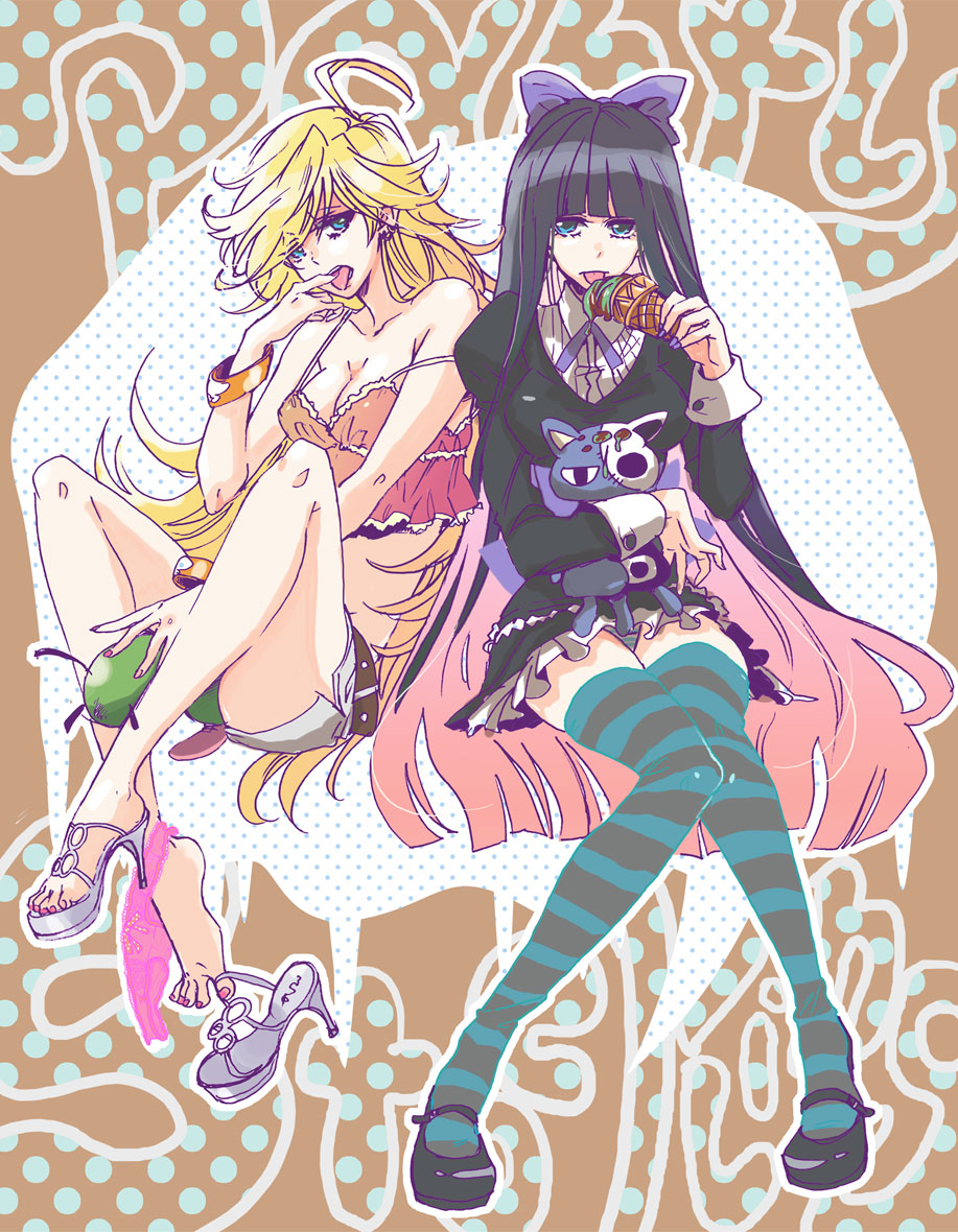 10s 2girls acm bad_id bad_pixiv_id black_hair blonde_hair blue_eyes bow chuck_(psg) eating food hair_bow high_heels honekoneko ice_cream legs long_hair multiple_girls panties panty_&amp;_stocking_with_garterbelt panty_(psg) sandals shoe_dangle shoes siblings sisters stocking_(psg) striped_clothes striped_legwear striped_thighhighs thighhighs underwear