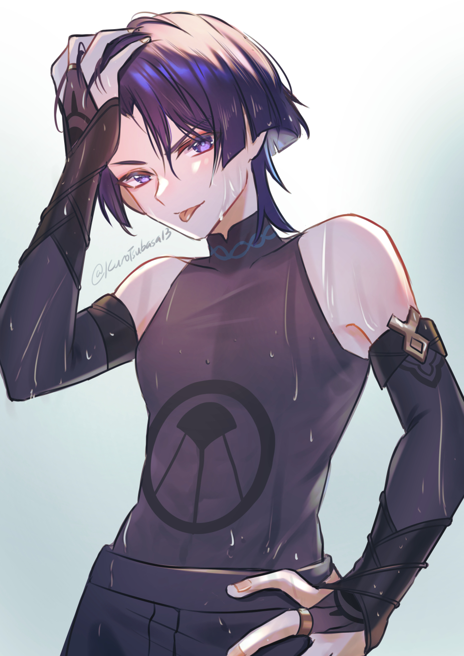 1boy :p black_shirt black_shorts black_sleeves genshin_impact hair_between_eyes highres japanese_clothes kuro_tsubasa looking_at_viewer male_focus purple_eyes purple_hair scaramouche_(genshin_impact) shirt short_hair shorts smile tongue tongue_out