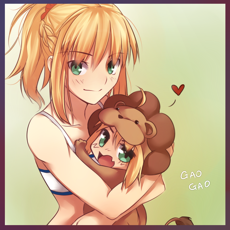 2girls ahoge animal_costume artoria_pendragon_(fate) blonde_hair blush border braid chibi colorized fang fate/apocrypha fate/stay_night fate/tiger_colosseum fate_(series) french_braid gao green_eyes heart hug lion_costume long_hair mordred_(fate) mordred_(fate/apocrypha) mordred_(memories_at_trifas)_(fate) multiple_girls ponytail saber_lion scrunchie spoken_heart sports_bra strapless tube_top tusia
