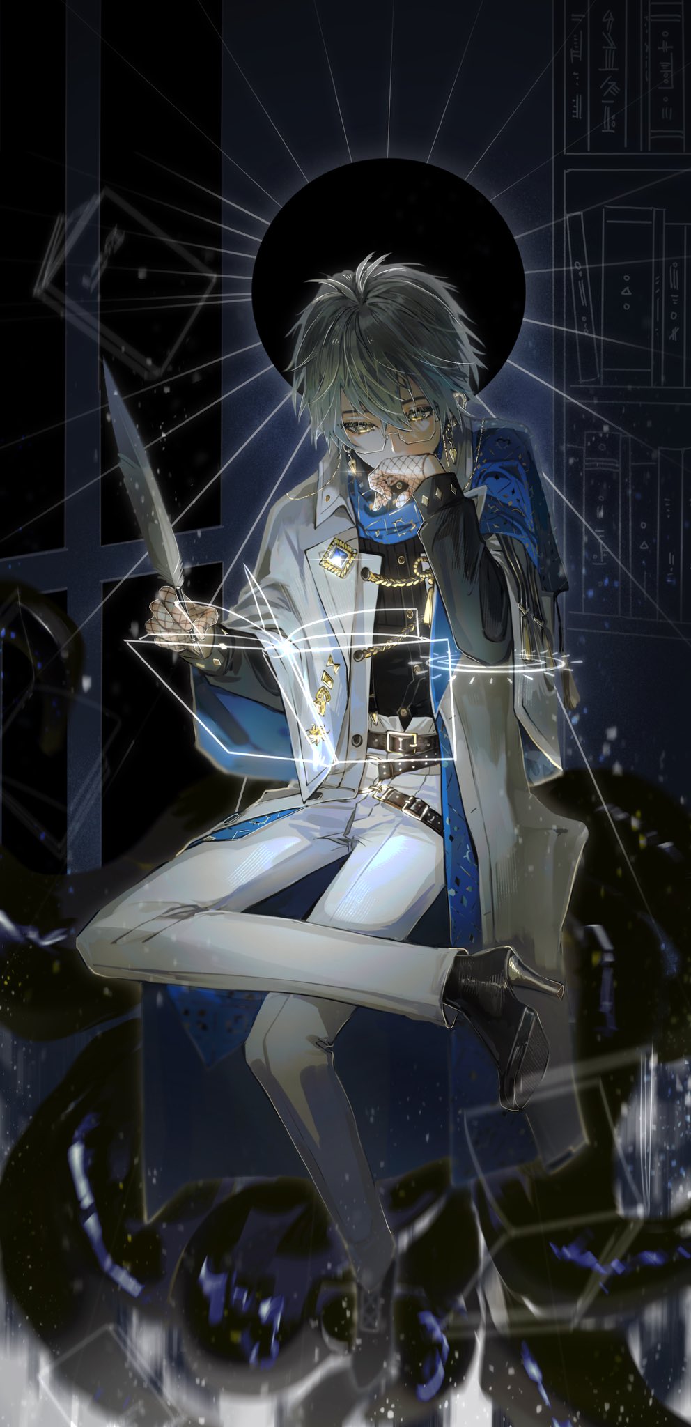 1boy belt black_boots black_shirt blue_hair blue_scarf book boots brown_belt coat earrings fishnet_gloves fishnets full_body gloves gradient_hair grey_hair halo halo_behind_head high_heels highres holding holding_quill ike_eveland ike_eveland_(1st_costume) jewelry long_sleeves looking_down male_focus multicolored_hair nijisanji nijisanji_en open_book pants quill rovaroca scarf shirt sitting solo tentacles virtual_youtuber white_coat white_pants writing yellow_eyes
