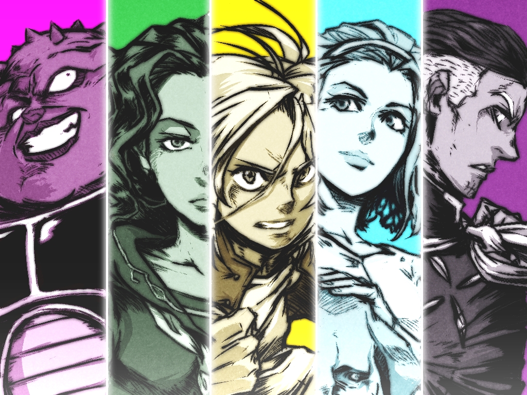 2girls 3boys armor column_lineup dodoria dragon_ball dragonball_z fungami_yuya jojo_no_kimyou_na_bouken kawajiri_hayato kemachiku look-alike multiple_boys multiple_girls multiple_monochrome odd_one_out school_uniform sugimoto_reimi yamagishi_yukako yangu_shigekiyo