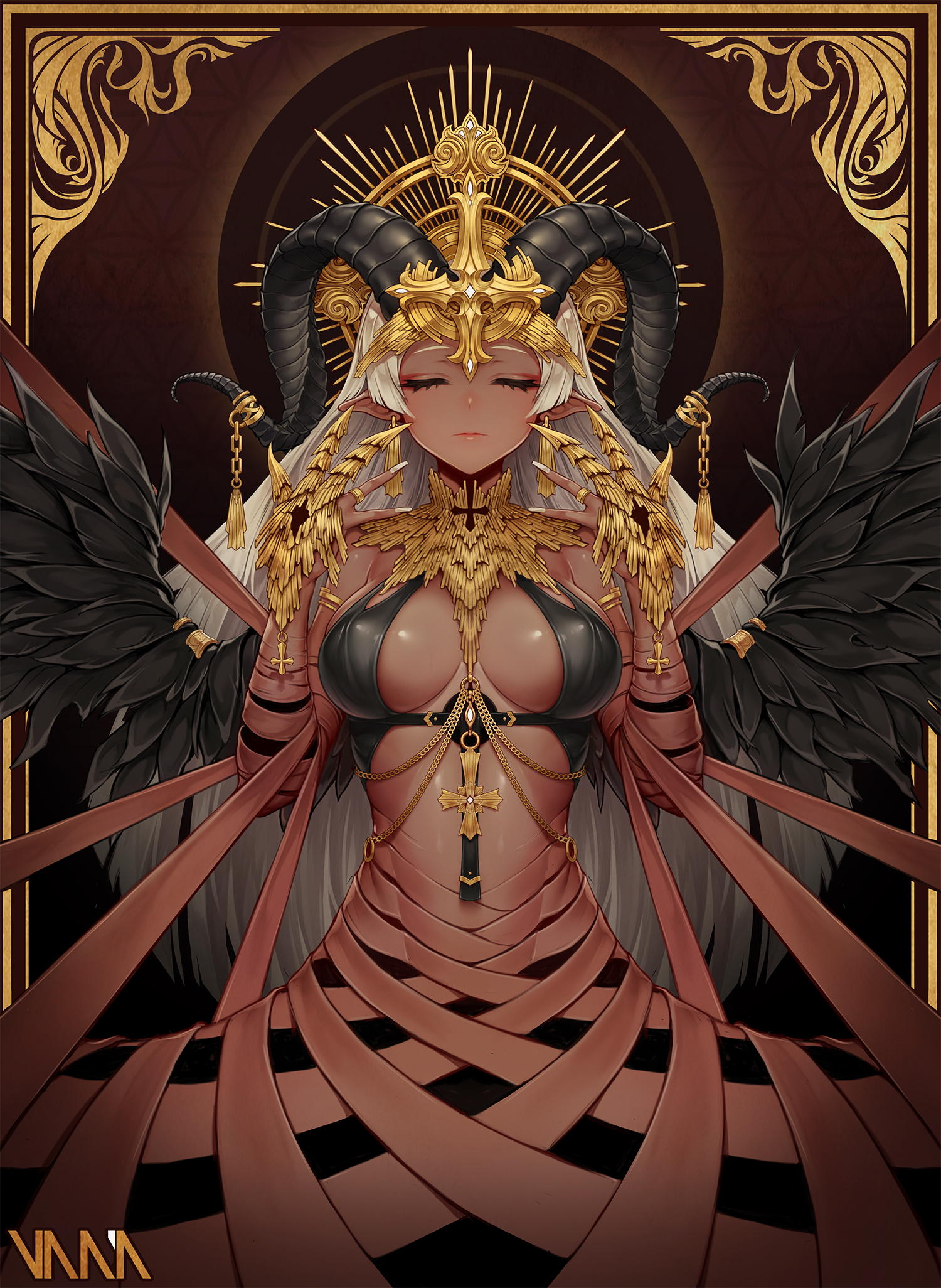 1girl armlet bare_shoulders bikini bikini_top_only black_bikini black_wings breasts chain cleavage closed_eyes closed_mouth cross dark-skinned_female dark_skin demon_girl demon_wings earrings facing_viewer feathered_wings female_focus fingernails gold_chain halo halo_behind_head hands_up headpiece highres horn_ornament horns jewelry large_breasts long_fingernails long_hair nail_polish original pointy_ears ring signature silver_hair solo straight_hair swimsuit tassel vana very_long_hair white_nails wings