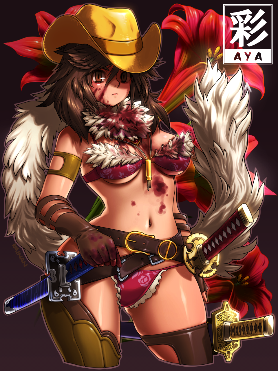 1girl aya_(oneechanbara) bikini blood blood_on_body blood_on_face blood_on_hands blush breasts brown_eyes brown_hair brown_thighhighs character_name closed_mouth commentary_request contrapposto cowboy_hat cowboy_shot cowboy_western expressionless fingerless_gloves flower frilled_bikini frills fur_collar gloves hat highres jewelry kainan katana long_hair looking_at_viewer medium_breasts navel necklace oneechanbara red_bikini red_flower sheath sheathed simple_background solo swimsuit sword thighhighs weapon yellow_hat