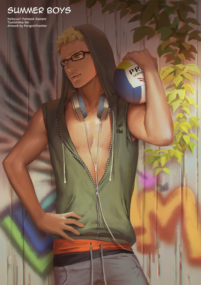 10s 1boy against_fence artist_name ball bare_shoulders black-framed_eyewear blonde_hair brown_hair cable character_name collarbone copyright_name cowboy_shot english_text fence glasses graffiti haikyuu!! hand_on_own_hip headphones headphones_around_neck holding holding_ball hood hoodie ivy light_smile looking_to_the_side male_focus over_shoulder pants parted_lips partially_unzipped penguin_frontier plant pom_pom_(clothes) sleeveless sleeveless_hoodie solo sportswear standing toned track_pants tsukishima_kei volleyball_(object) wooden_fence zipper