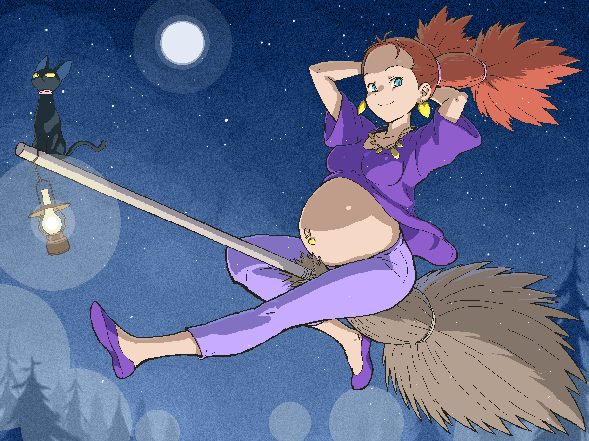 1980s_(style) 1girl blue_eyes broom cat earrings female_focus flying halloween jewelry lantern majo_no_takkyuubin necklace oldschool pregnant red_hair retro_artstyle senior_witch_(majo_no_takkyuubin) smile solo studio_ghibli tenseiani witch