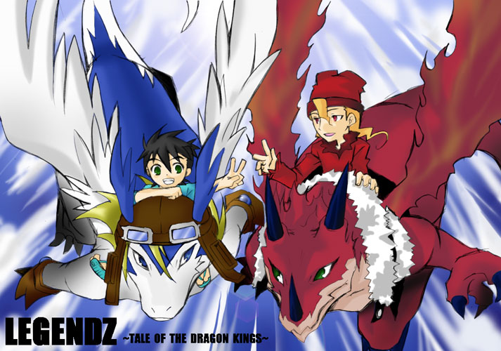 dino_sparks dragon goggles goggles_on_head hat legendz legendz_(creature) long_hair ranshiin_(legendz) shiron_(legendz) short_hair shuzo_matsutani wings