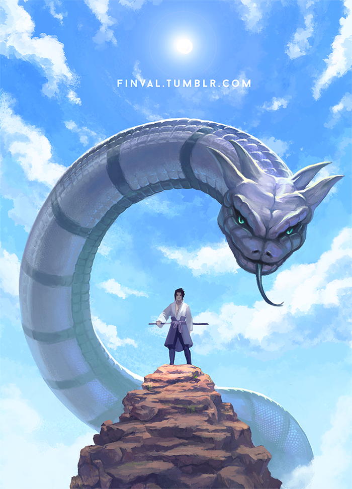 1boy animal black_hair blue_sky cloud day finval forked_tongue giant_snake horns japanese_clothes kimono long_sleeves looking_at_viewer male_focus manda_(naruto) monster naruto_(classic) naruto_(series) outdoors oversized_animal rock sash scabbard scales sheath sheathed sky snake standing sun sunlight sword tongue tongue_out uchiha_sasuke watermark weapon web_address