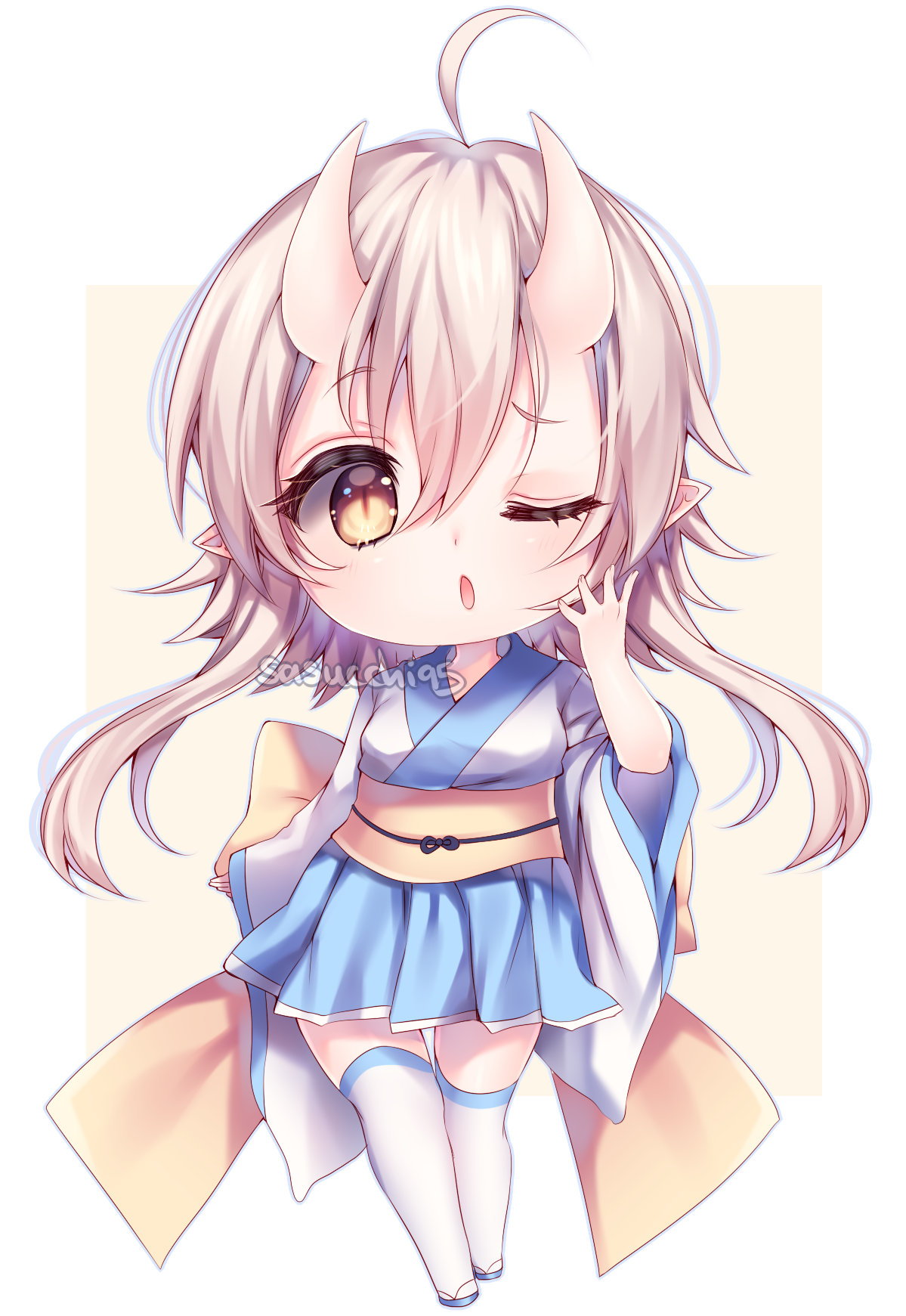 1girl ;o ahoge arm_at_side artist_name back_bow blue_kimono blue_outline blue_sandals blue_skirt blue_trim border bow chibi chibi_only commentary demon_girl demon_horns double-parted_bangs english_commentary full_body hair_between_eyes hand_up highres horns japanese_clothes kimono long_hair long_sleeves looking_at_viewer miniskirt one_eye_closed open_mouth original outline outside_border over-kneehighs pleated_skirt pointy_ears raised_eyebrow sandals sasucchi95 short_hair_with_long_locks simple_background skin-covered_horns skirt slit_pupils solo standing thigh_gap thighhighs transparent_border two-tone_kimono white_hair white_kimono white_thighhighs white_trim wide_sleeves yellow_background yellow_bow yellow_eyes yuki_(sasucchi95) zettai_ryouiki