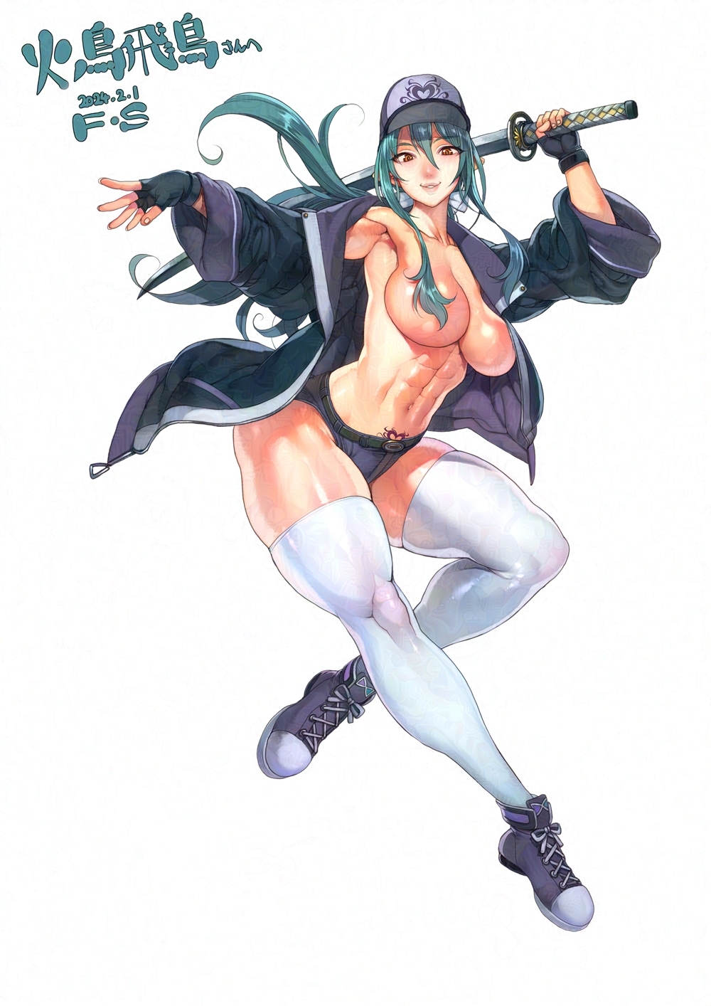 1girl abs armpits baseball_cap breasts commentary_request commission curvy f.s. fingerless_gloves gloves green_hair hair_censor hat highres holding holding_sword holding_weapon jacket katana large_breasts looking_at_viewer micro_shorts muscular muscular_female no_bra open_clothes open_jacket original ponytail pubic_tattoo shoes shorts sidelocks skeb_commission sneakers solo sword tattoo thick_thighs thighhighs thighs toned toned_female weapon