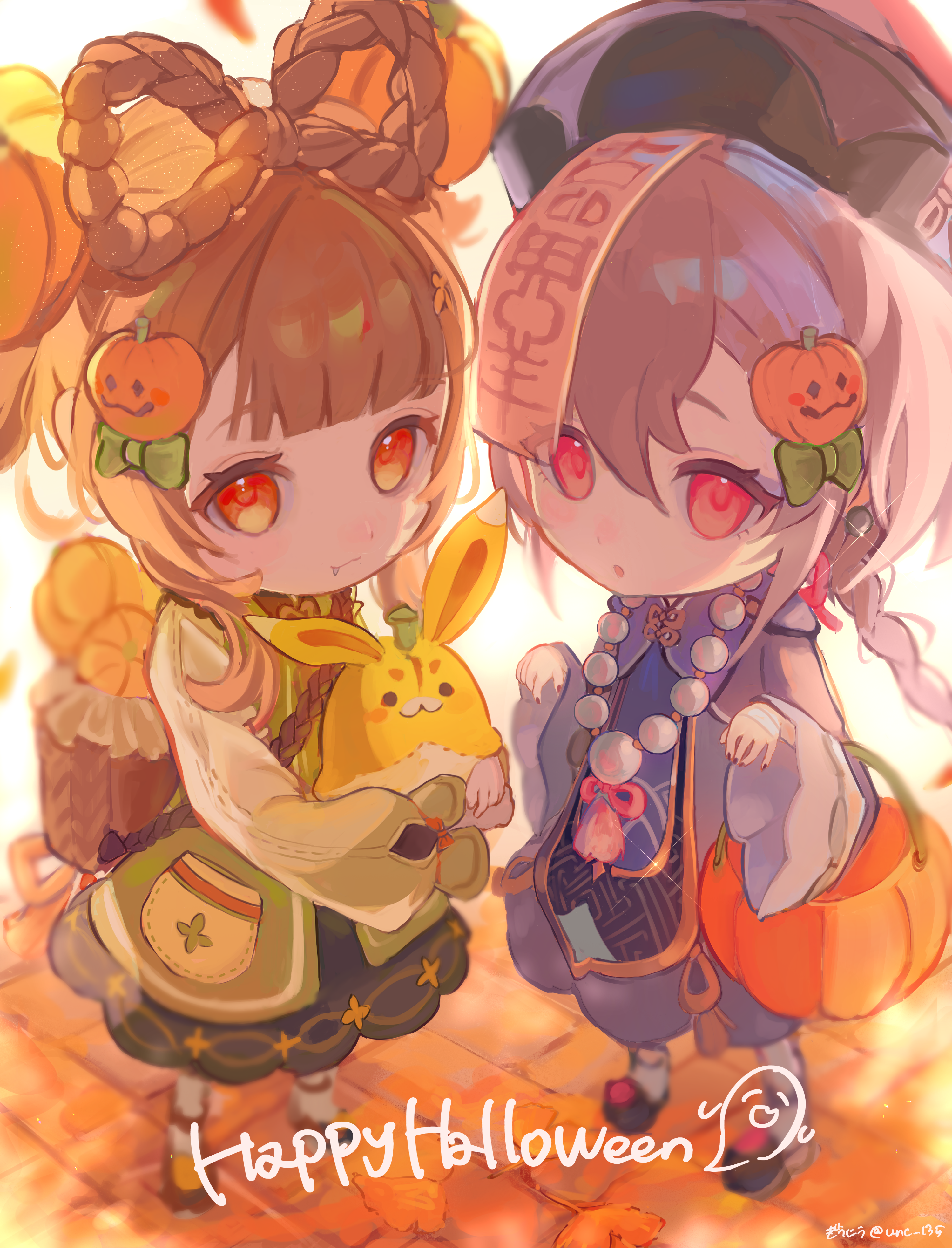 2girls absurdres animal artist_name bag bead_necklace beads black_shoes bow bow-shaped_hair braid braided_ponytail brown_bag brown_hair brown_shoes child closed_mouth commentary commentary_request dress english_commentary fang fang_out food-themed_hair_ornament full_body genshin_impact giuniu_(unc_135) green_bow green_dress hair_between_eyes hair_bow hair_ornament halloween_bucket happy_halloween hat highres holding holding_animal jewelry long_hair long_sleeves looking_at_viewer mixed-language_commentary multiple_girls necklace ofuda ofuda_on_head orange_eyes pantyhose pumpkin_hair_ornament purple_dress purple_hair purple_hat qingdai_guanmao qiqi_(genshin_impact) shoes short_hair shoulder_bag smile socks standing white_pantyhose white_socks wide_sleeves yaoyao_(genshin_impact)