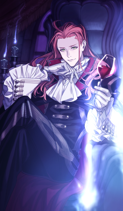 1boy ahoge ascot black_cape black_pants black_shirt blue_background blue_fire candle cape commentary crossed_legs cup drinking_glass fate/grand_order fate_(series) fire frilled_sleeves frills gloves green_eyes halloween_comeback! hand_on_own_chin holding holding_cup komiya_kuniharu long_hair looking_at_viewer male_focus official_art orange_hair pants romani_archaman romani_archaman_(count_romani_archaman&#039;s_hospitality) shirt sitting solo third-party_source white_ascot white_gloves wine_glass