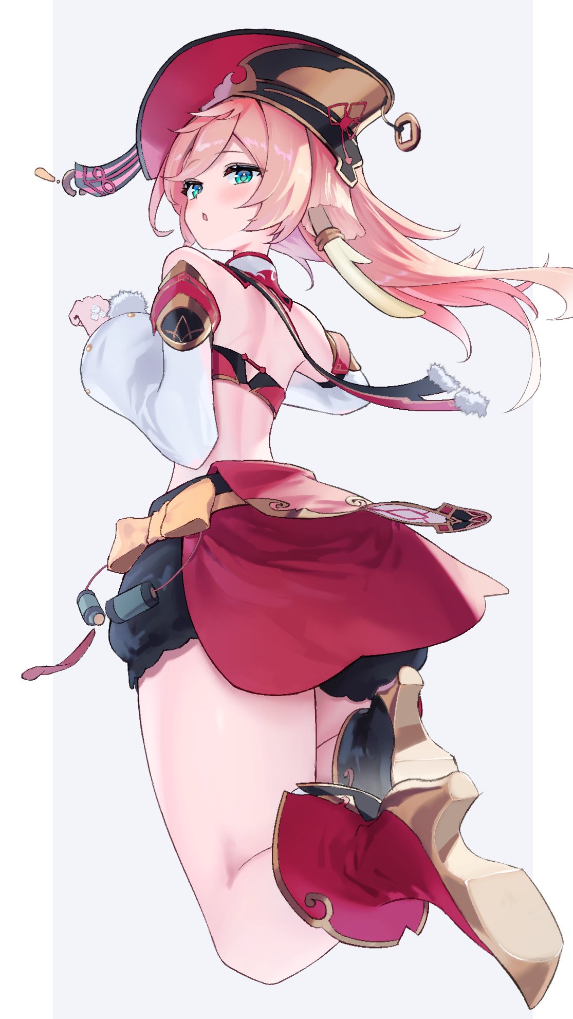 1girl :o aimo_wotku antlers aqua_eyes bare_legs bare_shoulders black_boots black_skirt boots bow deer_antlers detached_sleeves double-parted_bangs floating_hair floating_scarf frilled_skirt frills from_behind genshin_impact gold_trim hat high_heel_boots high_heels highres horns jumping legs_up long_hair long_sleeves looking_at_viewer midriff miniskirt multicolored_boots pink_hair pom_pom_(clothes) puffy_long_sleeves puffy_sleeves red_boots red_hat scales scarf sidelocks simple_background skirt solo tassel two-tone_boots white_sleeves xiezhi_guan yanfei_(genshin_impact) yellow_bow