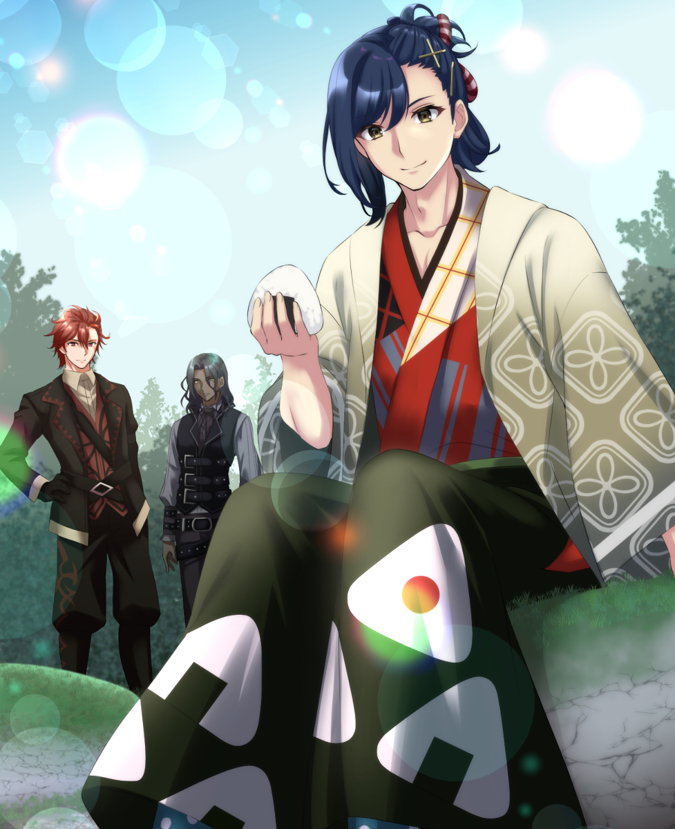 3boys black_eyes blue_hair dark-skinned_male dark_blue_hair dark_skin diamant_(fire_emblem) fire_emblem fire_emblem_engage food highres holding holding_food japanese_clothes kagetsu_(fire_emblem) kakiko210 multiple_boys nintendo onigiri red_eyes red_hair zelkov_(fire_emblem)