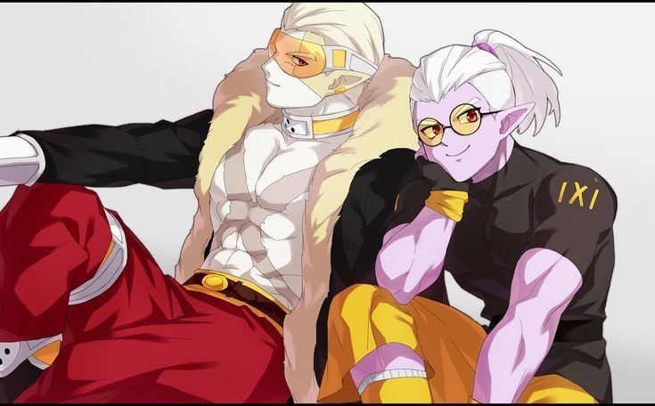 2boys bad_id bad_pixiv_id belt belt_buckle black_shirt blonde_hair brown_belt buckle capri_pants choker closed_mouth colored_skin dragon_ball dragon_ball_heroes earrings fingerless_gloves fu_(dragon_ball) fur-trimmed_jacket fur_trim glasses gloves gold_earrings hair_slicked_back hand_on_own_cheek hand_on_own_face hearts_(dragon_ball) jacket jewelry looking_at_viewer looking_to_the_side male_focus multiple_boys muscular muscular_male nana_tsuba_(pixiv78353289) pants pointy_ears ponytail purple_skin red_eyes red_pants round_eyewear scar scar_on_chest semi-rimless_eyewear shirt sitting smile tinted_eyewear undercut white_hair yellow-tinted_eyewear yellow_skin