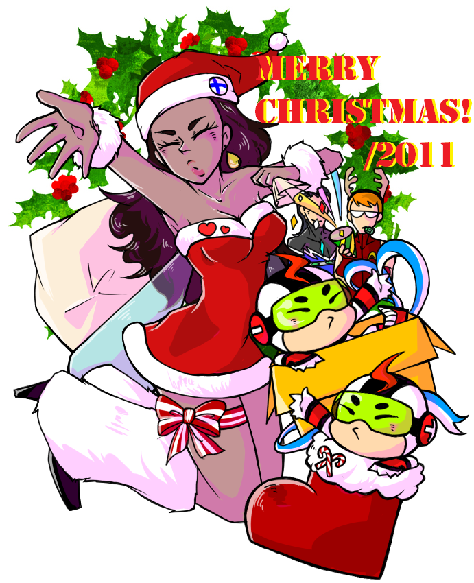 1girl 4boys alternate_hairstyle aqua_lad black_hair brother brothers bumble_bee cartoon_network christmas dark_skin dc_comics dress garth goggles hat insect_wings karen_beecher mas_(dc) mask menos_(dc) multiple_boys orange_hair red_dress roy_harper santa_hat siblings size_difference smile speedy teen_titans twins wings