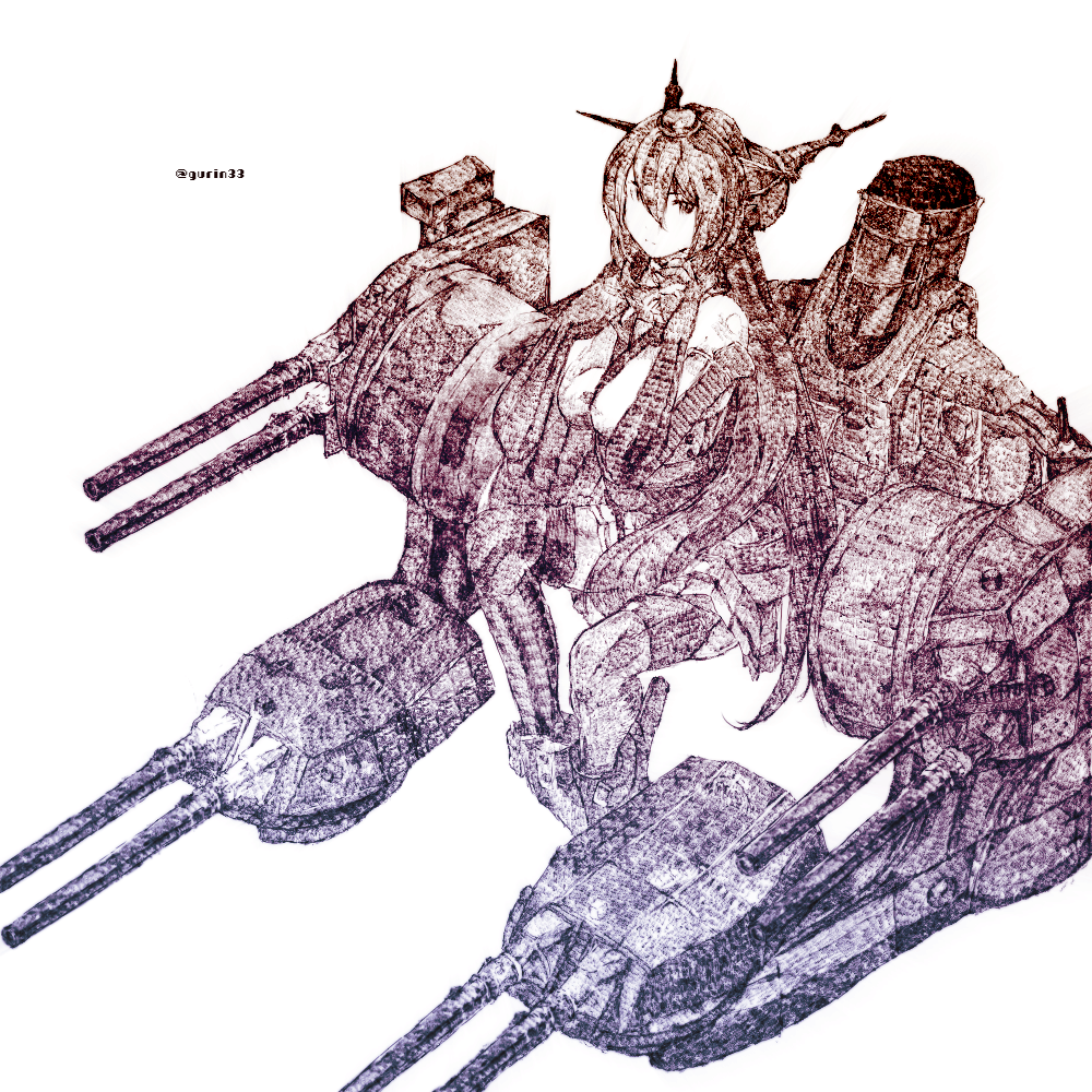 10s 1girl black_gloves black_hair boots elbow_gloves female_focus full_body gloves gradient_filter gurin33 headgear invisible_chair kantai_collection long_hair looking_at_viewer monochrome nagato_(kancolle) one-hour_drawing_challenge rigging ship_turret simple_background sitting smokestack solo thighhighs twitter_username very_long_hair white_background