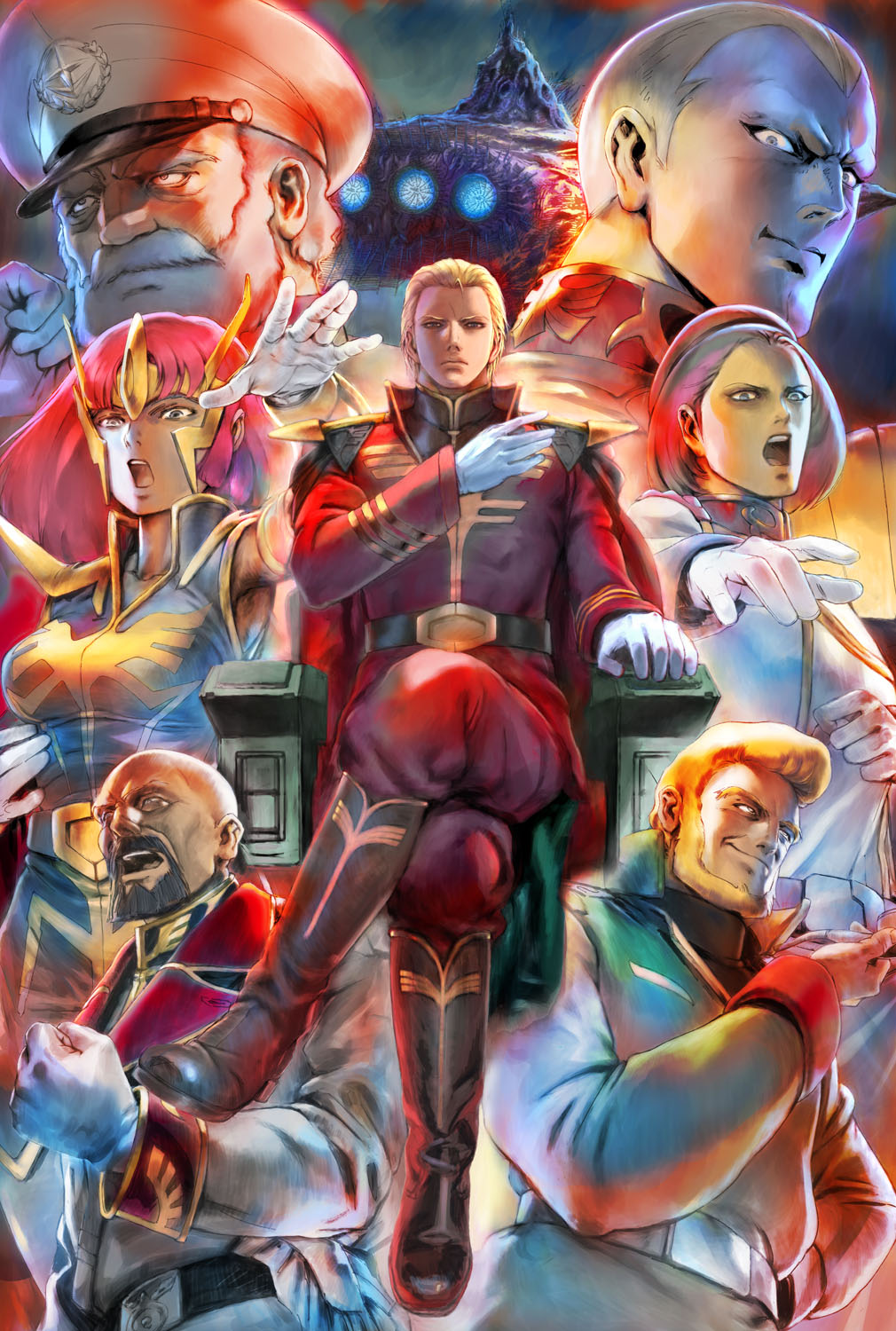 1990s_(style) 1girl 6+boys aiguille_delaz axis_(gundam) bald beard blex_forer blonde_hair boots chair char&#039;s_counterattack char_aznable everyone facial_hair general_revil gihren_zabi gloves gundam gundam_0083 gundam_gihren_no_yabou gundam_zz haman_karn hat highres in-franchise_crossover looking_at_viewer looking_to_the_side military military_uniform mobile_suit_gundam multiple_boys official_art paptimus_scirocco peaked_cap red_hair retro_artstyle shoulder_pads sitting tiara white_gloves yasuda_akira zeon zeta_gundam