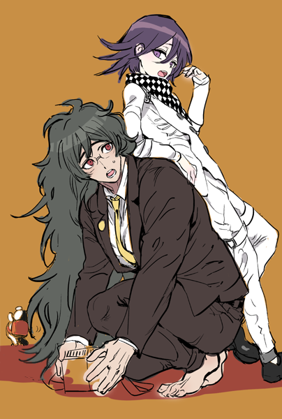 2boys arm_belt barefoot brown_jacket brown_suit collared_jacket collared_shirt commentary_request danganronpa_(series) danganronpa_v3:_killing_harmony formal_clothes glasses gokuhara_gonta green_hair hair_between_eyes bug_cage jacket leaning_on_person long_hair long_sleeves male_focus messy_hair monokuma multiple_boys oma_kokichi open_mouth orange_background pants purple_eyes purple_hair red_eyes round_eyewear scarf shirt short_hair simple_background squatting suit teeth very_long_hair zooya