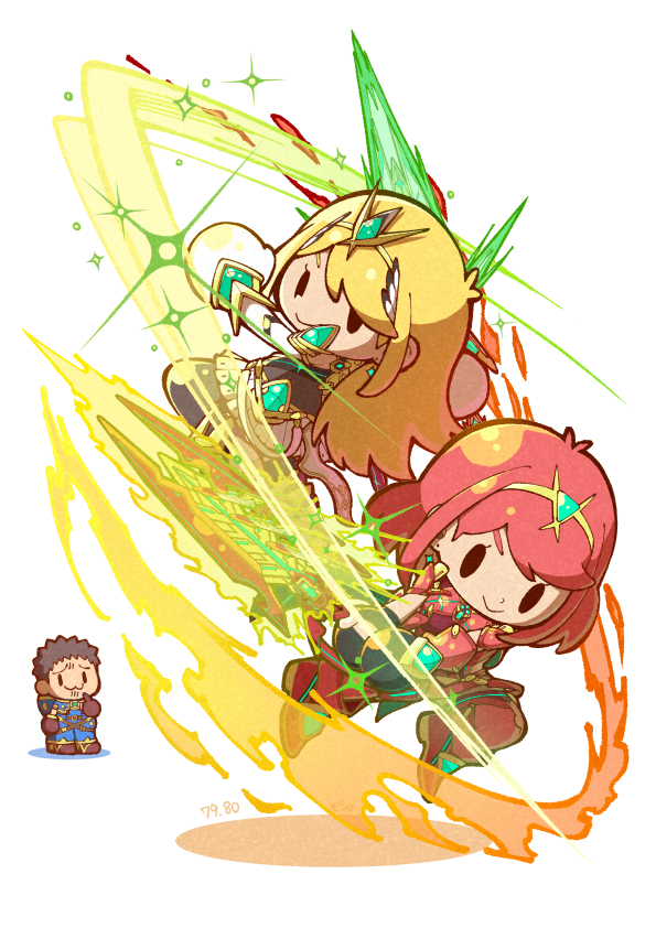 04sora40 1boy 2girls :&gt; :3 black_gloves blonde_hair brown_gloves brown_hair chibi closed_mouth eyelashes fire full_body gloves holding holding_sword holding_weapon long_hair multiple_girls mythra_(xenoblade) nintendo pyra_(xenoblade) red_hair rex_(xenoblade) short_hair simple_background smile sparkle super_smash_bros. sword weapon white_background white_gloves xenoblade_chronicles_(series) xenoblade_chronicles_2