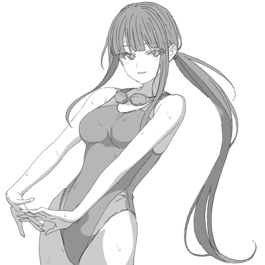 1girl aoi_suzu commentary competition_swimsuit flexing goggles goggles_around_neck greyscale interlocked_fingers long_hair looking_at_viewer monochrome one-piece_swimsuit original parted_lips ponytail sidelocks simple_background solo standing swimsuit wet white_background
