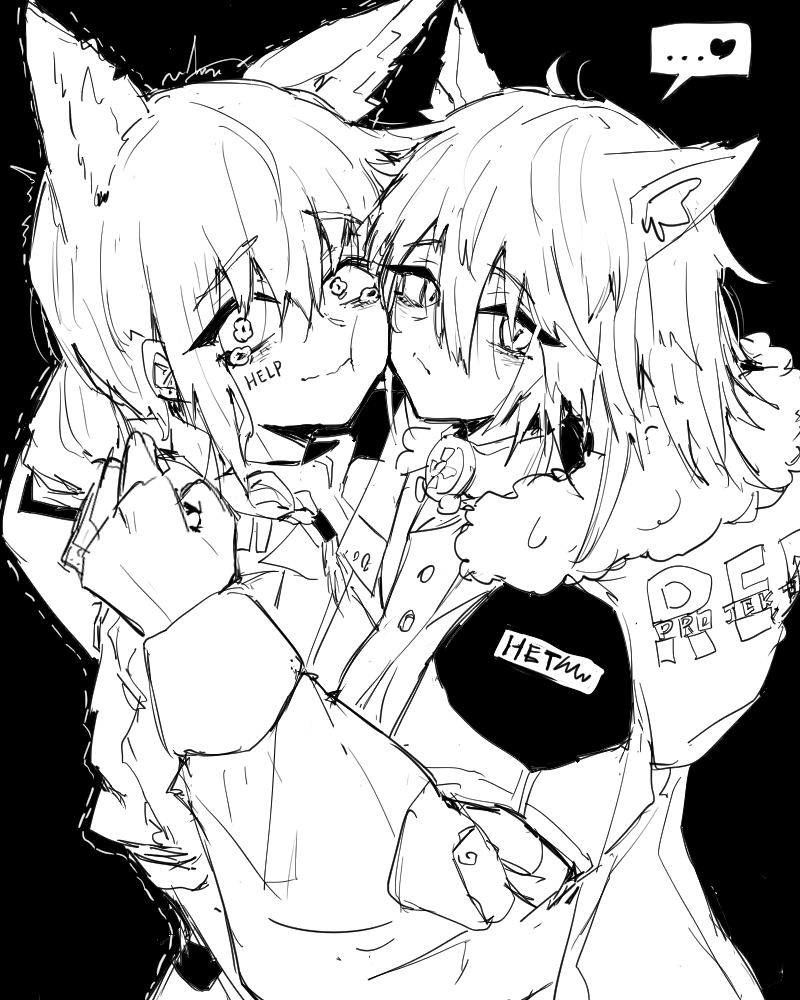 0w07 2girls animal_ear_fluff animal_ears arknights black_background closed_mouth commentary english_commentary heart hood hoodie hug looking_at_viewer monochrome multiple_girls projekt_red_(arknights) provence_(arknights) simple_background sketch slit_pupils tears trembling upper_body wolf_ears wolf_girl