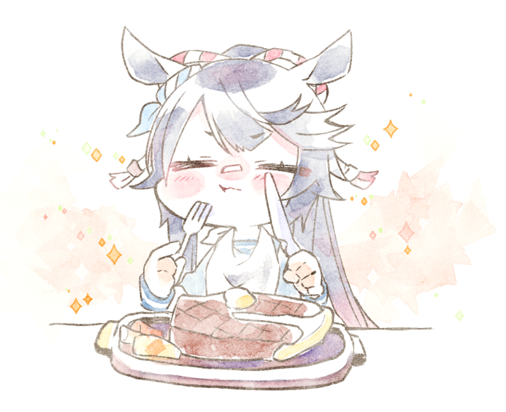1girl animal_ears bandaid bandaid_on_face bandaid_on_nose bib black_hair butter chewing closed_eyes eating eyelashes food fork gravy holding holding_fork holding_knife horse_ears horse_girl knife long_hair narita_brian_(umamusume) solo sparkle steak umamusume ume_(pickled_plum)
