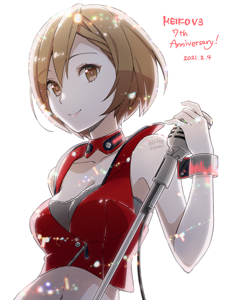 1girl anniversary backlighting bare_shoulders black_bra bra brown_eyes brown_hair character_name collar commentary crop_top dated graphic_equalizer holding holding_microphone jacket kirita_asami light_particles lips looking_at_viewer meiko_(vocaloid) meiko_(vocaloid3) microphone microphone_stand red_jacket see-through_clothes smile solo underwear upper_body vocaloid white_background wristband