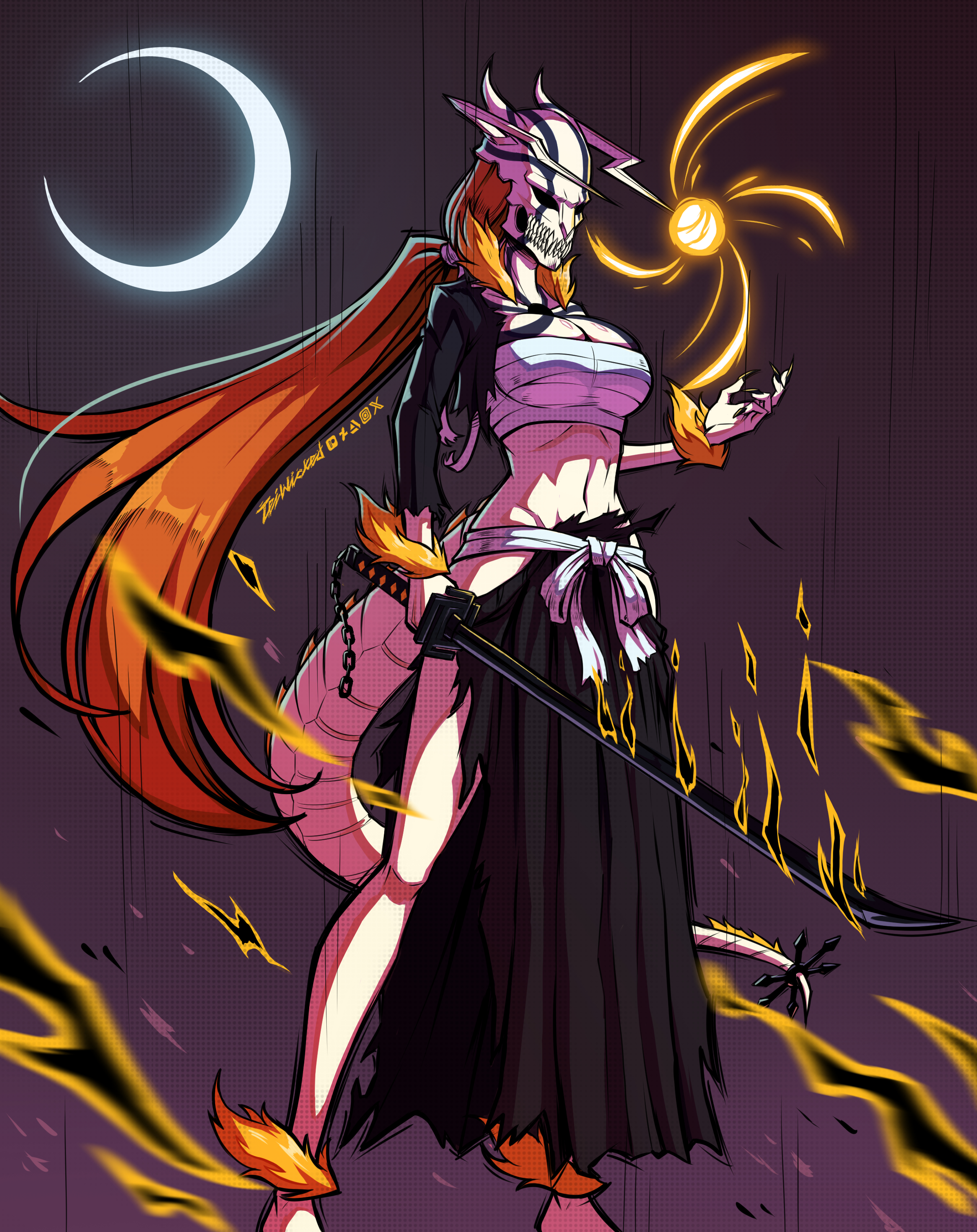 1girl absurdres artist_name asymmetrical_horns bandaged_chest black_kimono bleach breasts chest_tattoo cleavage commentary cosplay crescent_moon deviantart_logo english_commentary fingernails full_body gradient_background highres holding holding_sword holding_weapon hollow_mask horns inoue_orihime instagram_logo japanese_clothes kimono kurosaki_ichigo kurosaki_ichigo_(cosplay) large_breasts long_hair midriff moon navel orange_hair patreon_logo pelvic_curtain ponytail revealing_clothes sash sharp_fingernails sharp_teeth shihakusho shinigami solo sword tail tail_ornament tattoo teeth teiwicked tensa_zangetsu_(bankai) torn_clothes torn_kimono twitter_logo weapon white_sash white_tail