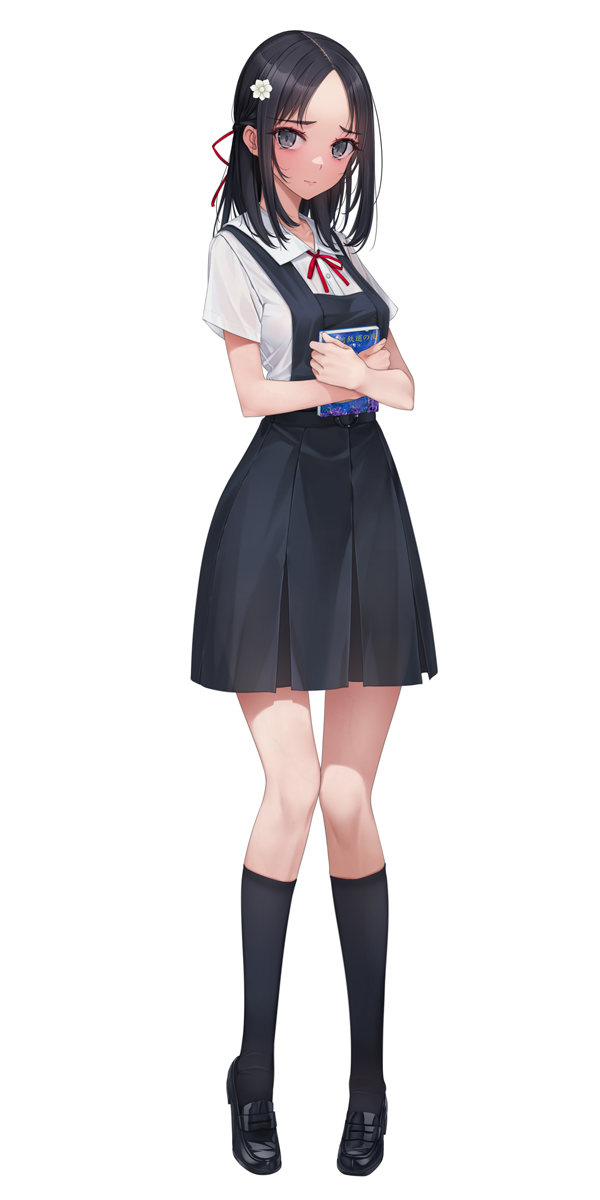 1girl black_eyes black_hair blue_skirt blush closed_mouth flower hair_flower hair_ornament highres loafers long_hair looking_at_viewer murakami_suigun original pleated_skirt ribbon school_uniform shirt shoes simple_background skirt socks solo standing white_shirt