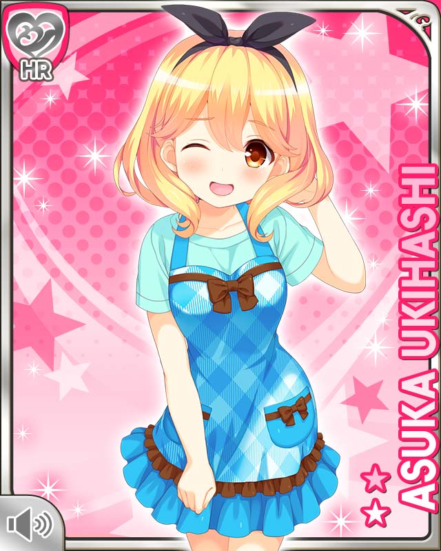 1girl blonde_hair blue_dress blue_thighhighs bow bowtie breasts brown_bow brown_eyes card_(medium) day dress girlfriend_(kari) hair_bow medium_breasts official_art one_eye_closed open_mouth pink_background qp:flapper short_hair shy solo standing tagme thighhighs ukihashi_asuka