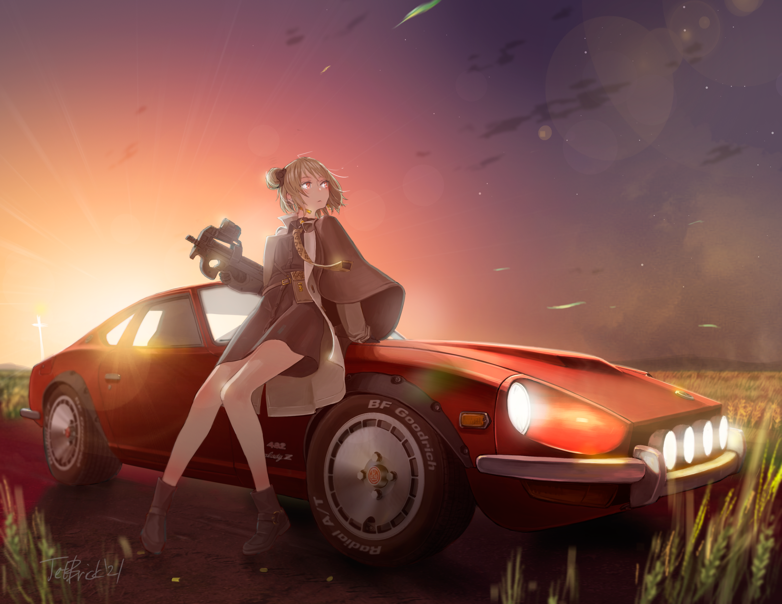 1girl black_boots black_capelet black_skirt boots bullpup capelet car commission girls'_frontline green_hair gun hair_bun highres holding holding_gun holding_weapon horizontal_magazine jettoburikku leaning_back looking_up motor_vehicle nissan nissan_fairlady nissan_fairlady_z official_alternate_costume on_car open_mouth p90 p90_(girls'_frontline) p90_(the_girl_from_b.e.l)_(girls'_frontline) personal_defense_weapon pink_eyes pixiv_commission single_hair_bun sitting skirt solo submachine_gun sunrise vehicle_focus weapon