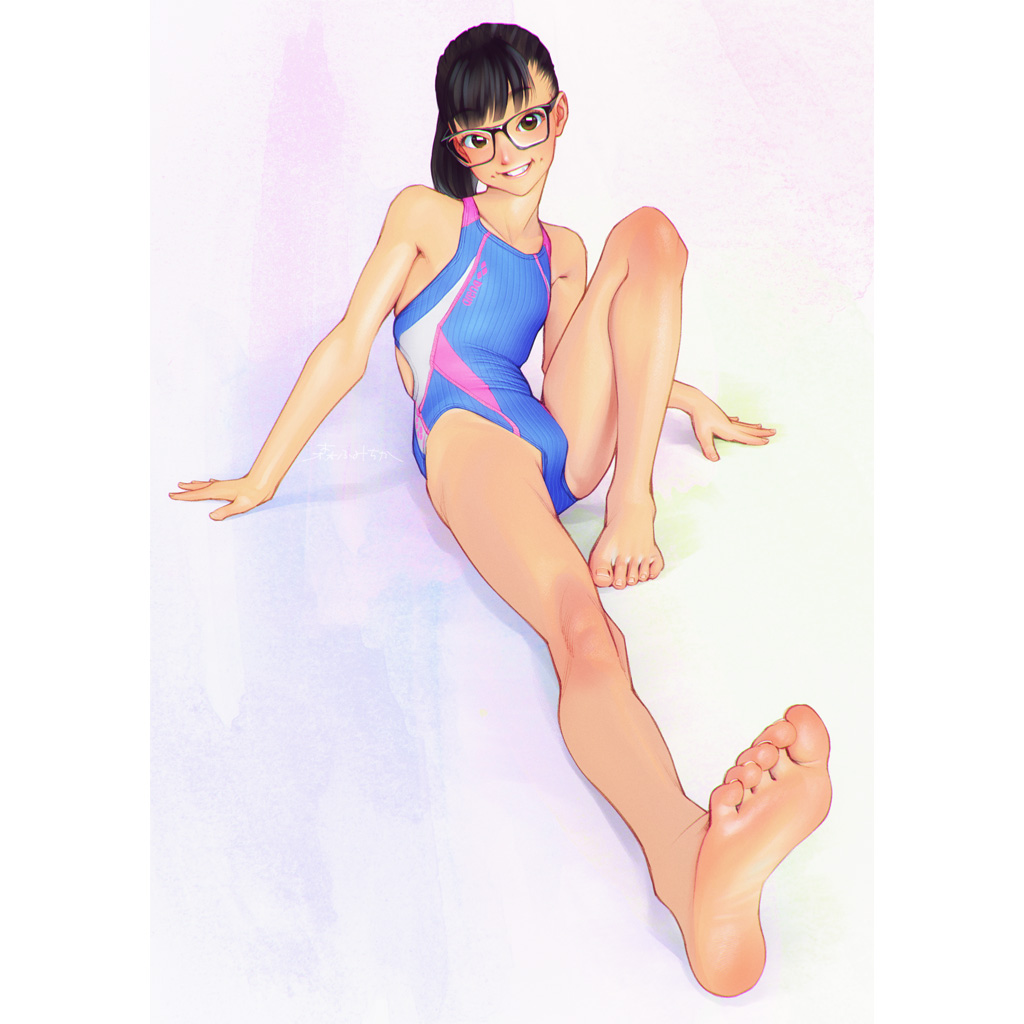 1girl arena_(company) barefoot black_hair breasts brown_eyes commentary_request competition_swimsuit feet full_body fumichika_mori glasses knee_up legs looking_at_viewer one-piece_swimsuit original ponytail sitting small_breasts smile soles solo swimsuit toes