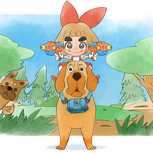1girl blue_sky bow brown_fur brown_hair child dog hair_bow holding holding_water_gun looking_at_viewer lulu_(warioware) nintendo official_art red_bow sitting_on_animal sky smile takeuchi_kou thick_eyebrows third-party_source tree warioware warioware:_get_it_together! water_gun