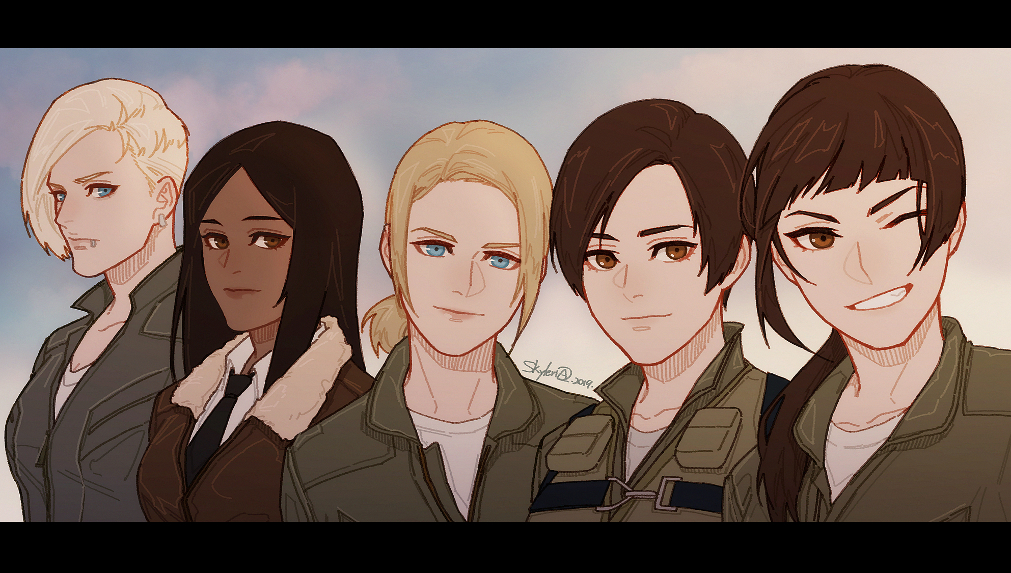 5girls :| ace_combat ace_combat_04 ace_combat_5 ace_combat_7:_skies_unknown artist_name black_hair black_neckwear blonde_hair blue_eyes blunt_bangs bomber_jacket brown_eyes brown_hair brown_jacket brownie_(ace_combat_7) closed_mouth collarbone earrings elke_van_dalsen elke_van_dalsen_(scream) eyebrows female_focus flight_suit fur_collar g-suit grin hair_pulled_back highres huxian jacket jewelry kei_nagase leather leather_jacket letterboxed lineup lip_piercing long_hair looking_at_viewer multiple_girls namco necktie one_eye_closed outdoors parted_bangs partially_unzipped piercing pilot_suit ponytail shirt short_hair sidelocks sky skyleranderton smile strap t-shirt upper_body white_shirt yellow_4