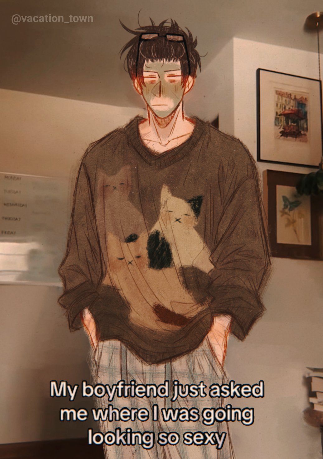 1boy :| animal_print bags_under_eyes beauty_mask brown_hair brown_sweater cat_print closed_eyes closed_mouth cowlick english_text eyewear_on_head hands_in_pocket hanging_plant highres kim_dokja male_focus messy_hair multiple_scars omniscient_reader&#039;s_viewpoint pants photo_(object) plaid_clothes plaid_pants scar scar_on_arm scar_on_hand solo sweater upper_body vacation_town