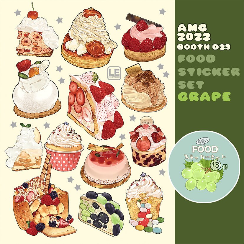 apple apple_slice blueberry cake cake_slice candy commentary cupcake english_commentary food food_focus fruit fruitcake grapes le_delicatessen no_humans original pudding star_(symbol) yellow_background