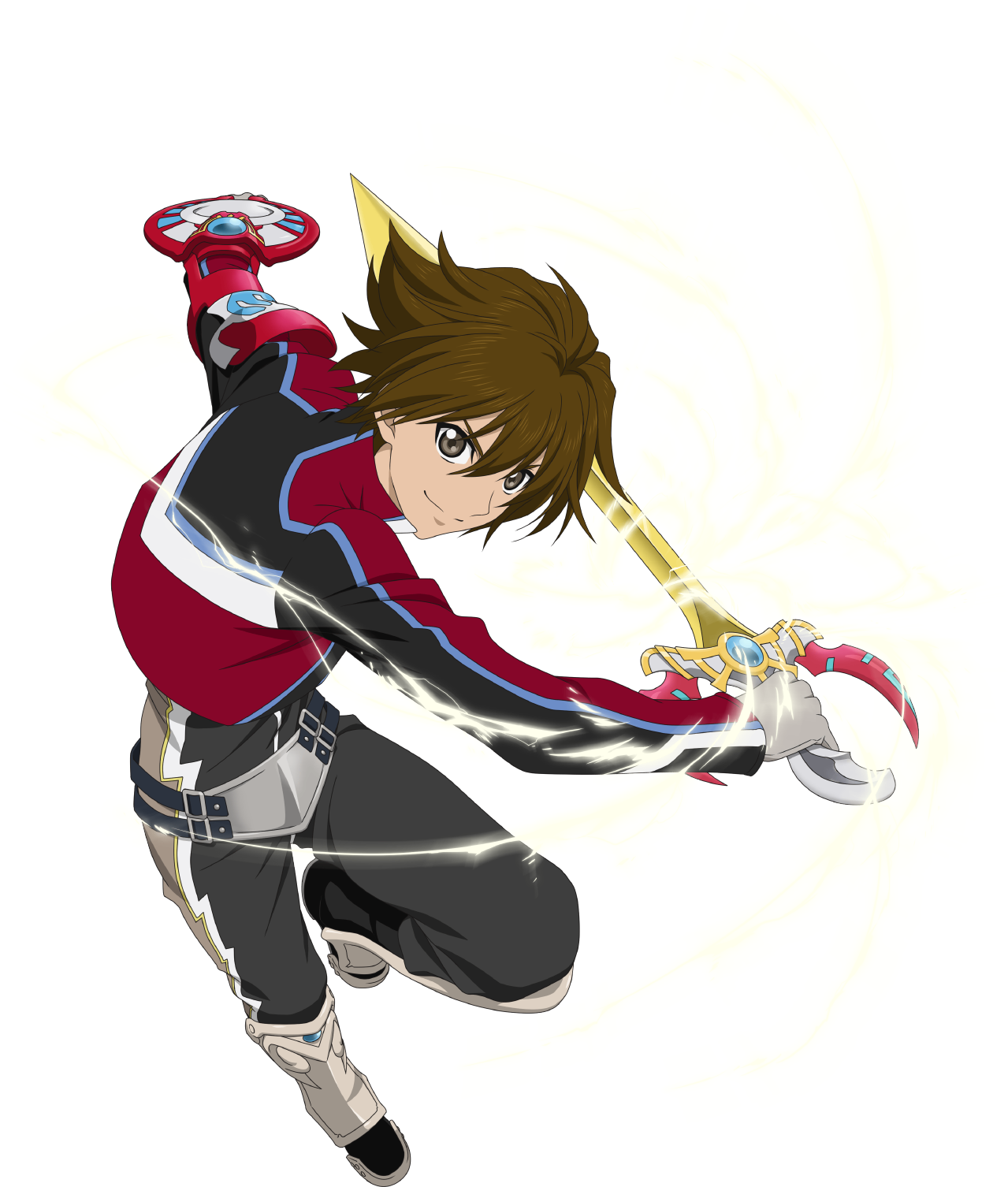 1boy armor boots brown_hair commentary english_commentary full_body greaves hair_between_eyes highres holding holding_sword holding_weapon jacket knee_boots kor_meteor male_focus official_art pants shield smile sword tales_of_(series) tales_of_asteria tales_of_hearts transparent_background weapon