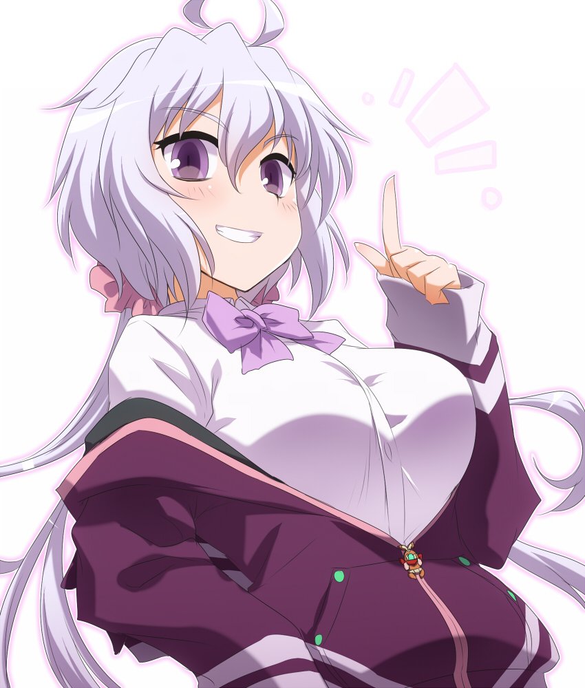 1girl ^^^ ahoge bow color_connection commentary_request cosplay female_focus gridman_universe grin index_finger_raised jacket light_purple_hair long_hair looking_at_viewer low_twintails purple_bow purple_eyes purple_jacket purple_neckwear school_uniform senki_zesshou_symphogear shinjou_akane shinjou_akane_(cosplay) shirt smile solo ssss.gridman twintails white_background white_shirt yoshi_tama yukine_chris