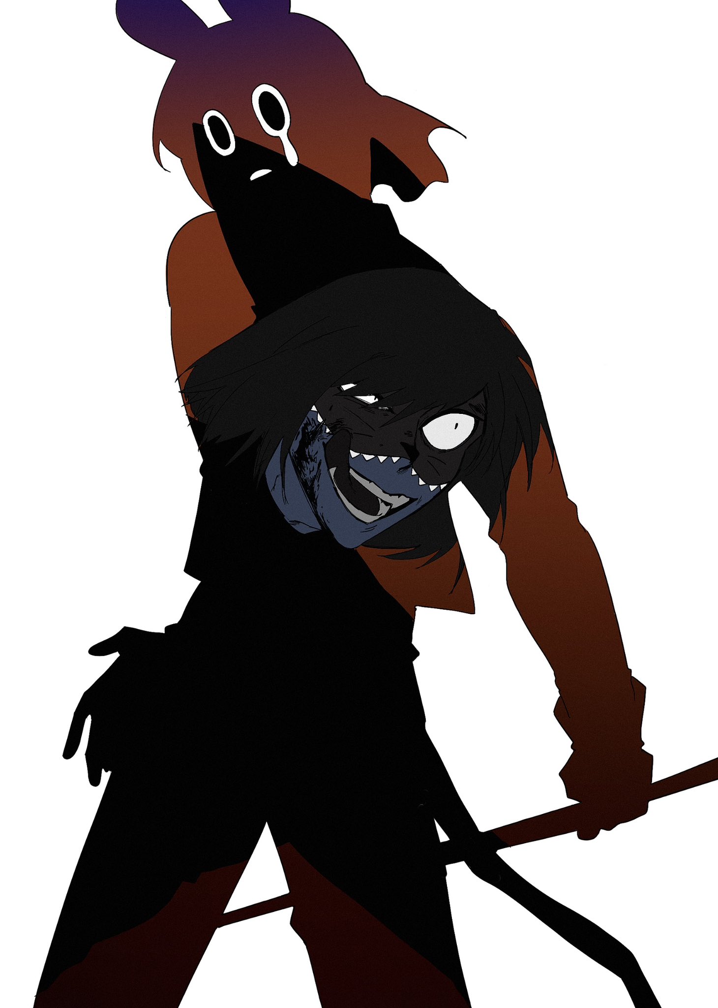 1boy animal_hat blood blood_on_face cat_hat coco_199788 cowboy_shot double_exposure fake_tail fangs hat highres holding holding_weapon jacket licking_lips looking_at_viewer looking_back male_focus mask mouse_hat mouse_tail nyen_(randal's_friends) present_day_problem_takeuchi_robert randal's_friends short_hair simple_background solo standing tail teardrop tongue tongue_out weapon white_background