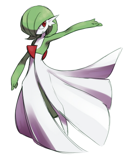 bob_cut colored_skin dress gardevoir gen_3_pokemon good_frog green_hair hair_over_one_eye multicolored_skin nintendo no_feet pokemon pokemon_(creature) red_eyes simple_background smile two-tone_skin white_background white_dress white_skin