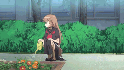 10s animal animated animated_gif bush cat dog eating garden kitten long_hair lowres ookami-san ookami_ryouko puppy school_uniform screencap tail tail_wagging tsundere very_long_hair water